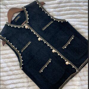 Veessa Black Fuzzy Pearl Trim Chain Sleeveless Vest Cardigan
